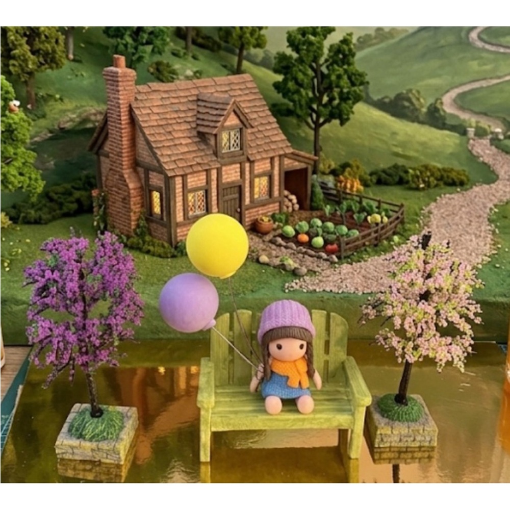 Miniature Cute Girl Figurine with Balloons and Bench